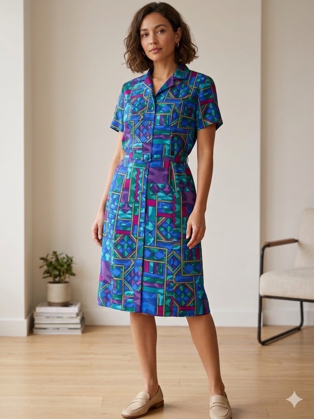 Vintage Geometric Print Short-Sleeve Shirt Dress in Blue and Purple